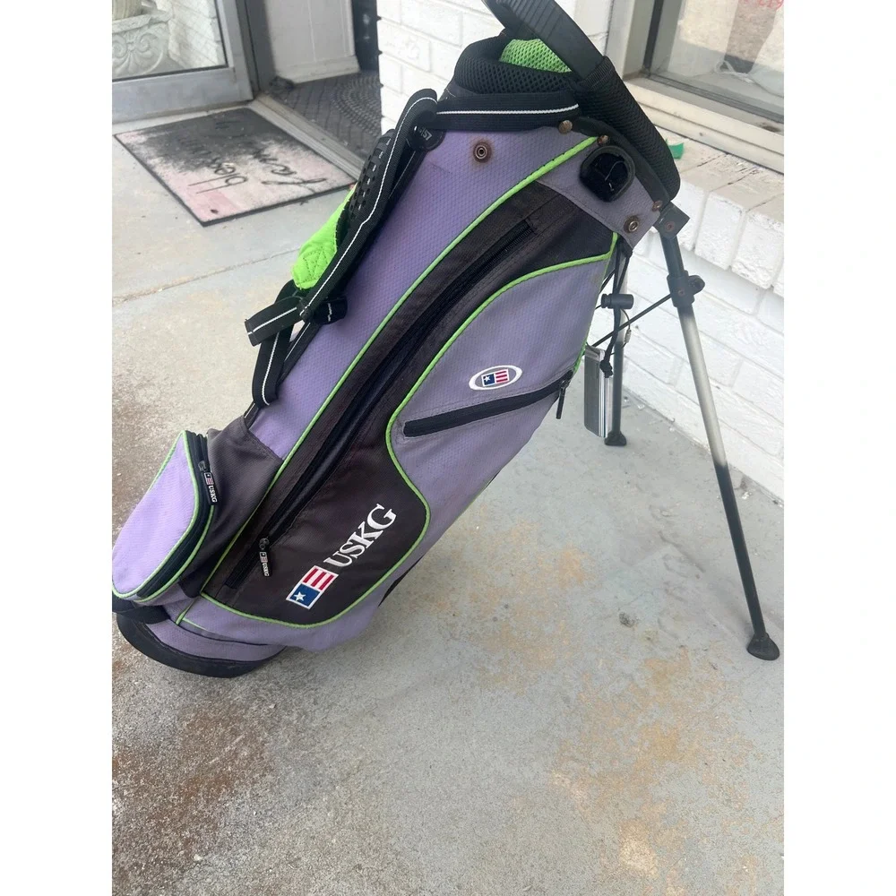 US Kids Golf Junior Stand Bag Purple Lime Green Lightweight Dual Strap USKG57